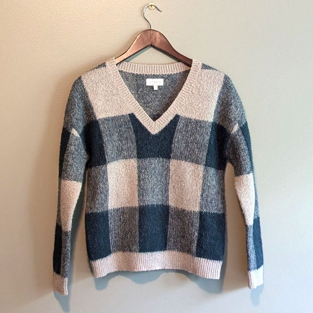 Lucky Brand Womens XS Extra Small Wool V-Neck Sweater Pullover Tan Green LS
